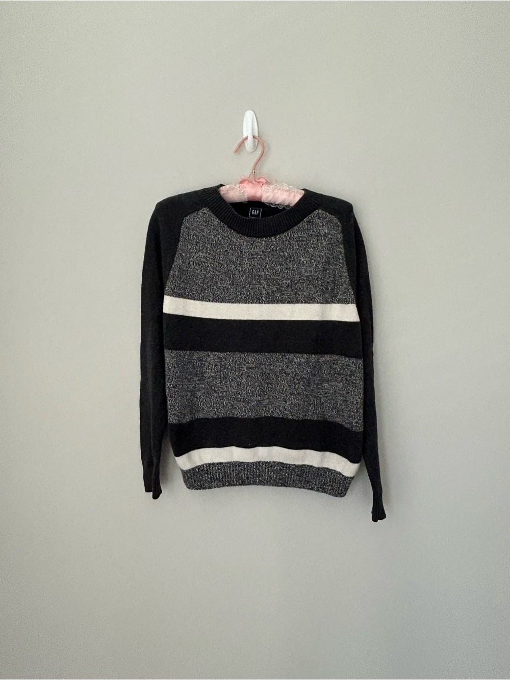 GAP Women's Black, Gray & White Striped Crewneck Sweater